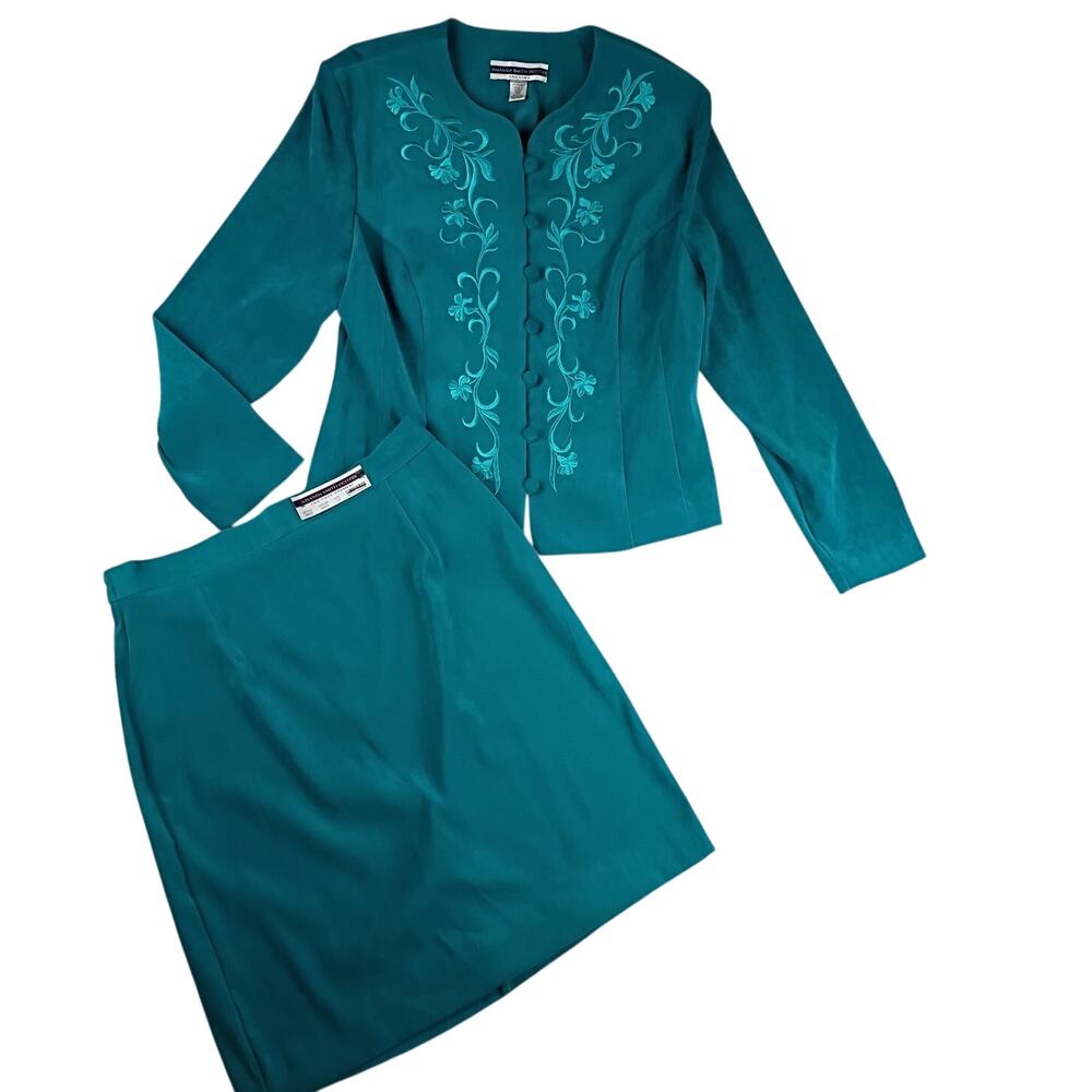 Vintage Amanda Smith Petite Skirt Suit 10P Teal Green Crushed Velvet Embroidered
